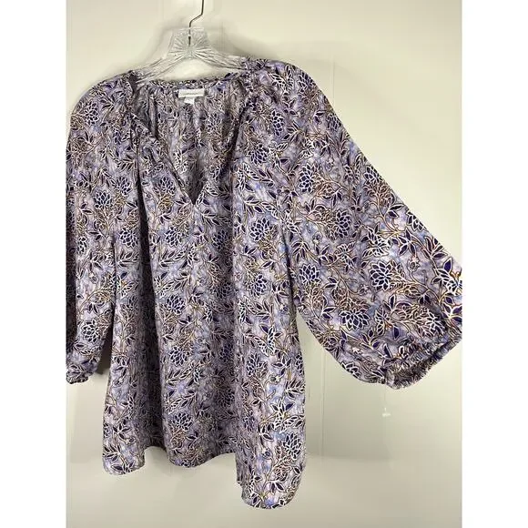 J Jill Love Linen Blouse Top XL Relaxed Printed Lagenlook Coastal Boho Peasant - Picture 4 of 14